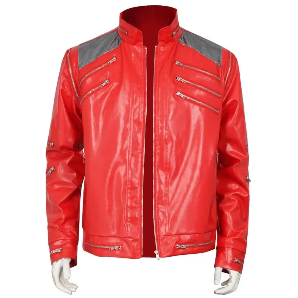 Punk Michael Jackson Red Jacket Cosplay Costume Men Classic Beat It Stage Outfit Shoulder Mesh Multiple Zipper Details