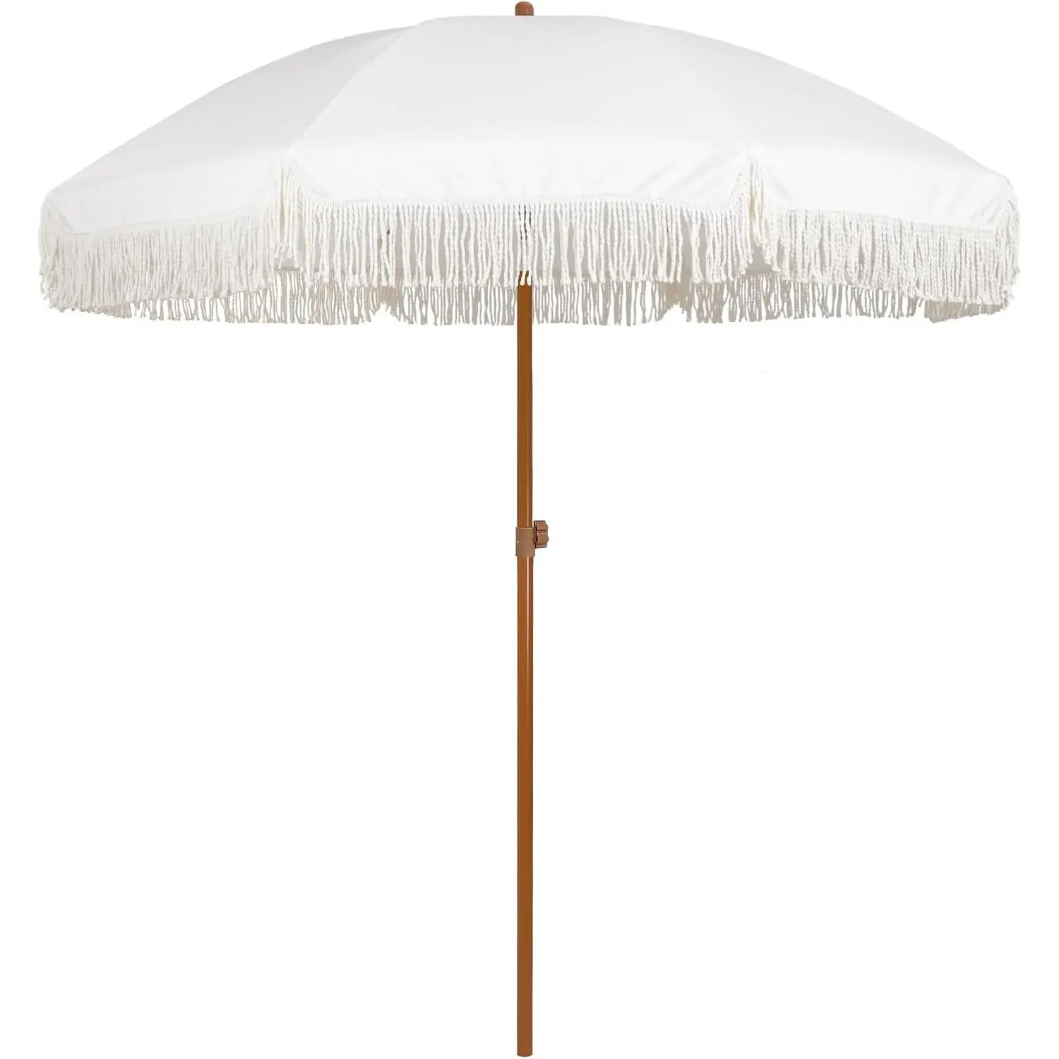 7ft Cream White Tassel Fringe Curved Top Patio Umbrella - 8 Steel Ribs, UPF50+ Durable Synthetic Fabric, Stable Adjustable Steel Pole, Push Button Tilting, 6.5' Wide Base, for Backyard, Lawn & Garden
