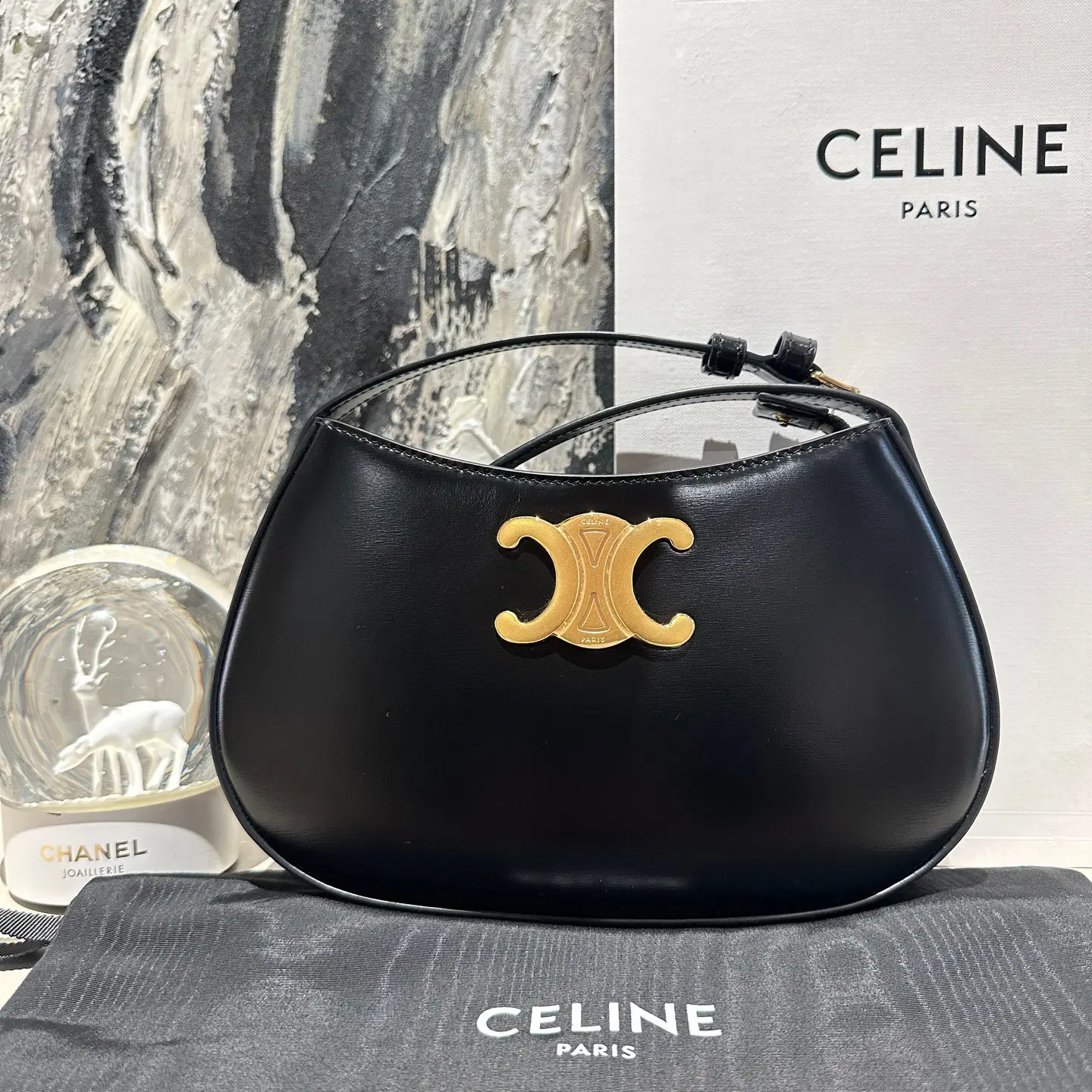 Pre-owned Celine tilly black shiny calfskin triomphe shoulder underarm bag 14505