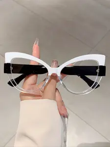 Women's Large Frame Cat Eye Flat Glasses, Trendy Casual Eyeglasses with Leopard Pattern, Fashion Line Accents, Frame, Cute Style