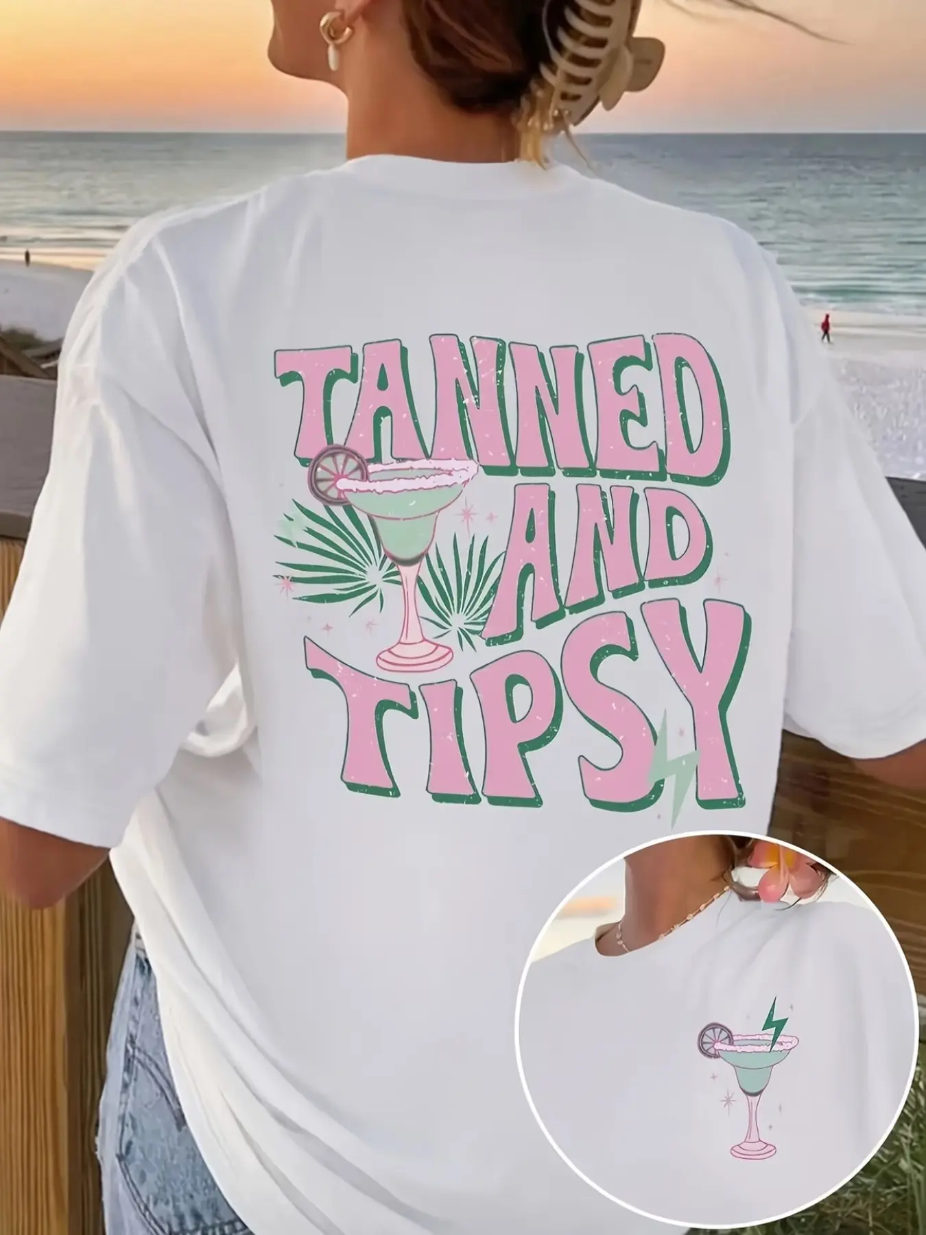 American Vintage Tanned and Tipsy Print Short Sleeve T-Shirt, Streetwear, Everyday Summer Beach Vacation Casual Loose Fit Baggy Top, Fun Wine Glass Pattern, Oversized Style, Bold Graphic Tee