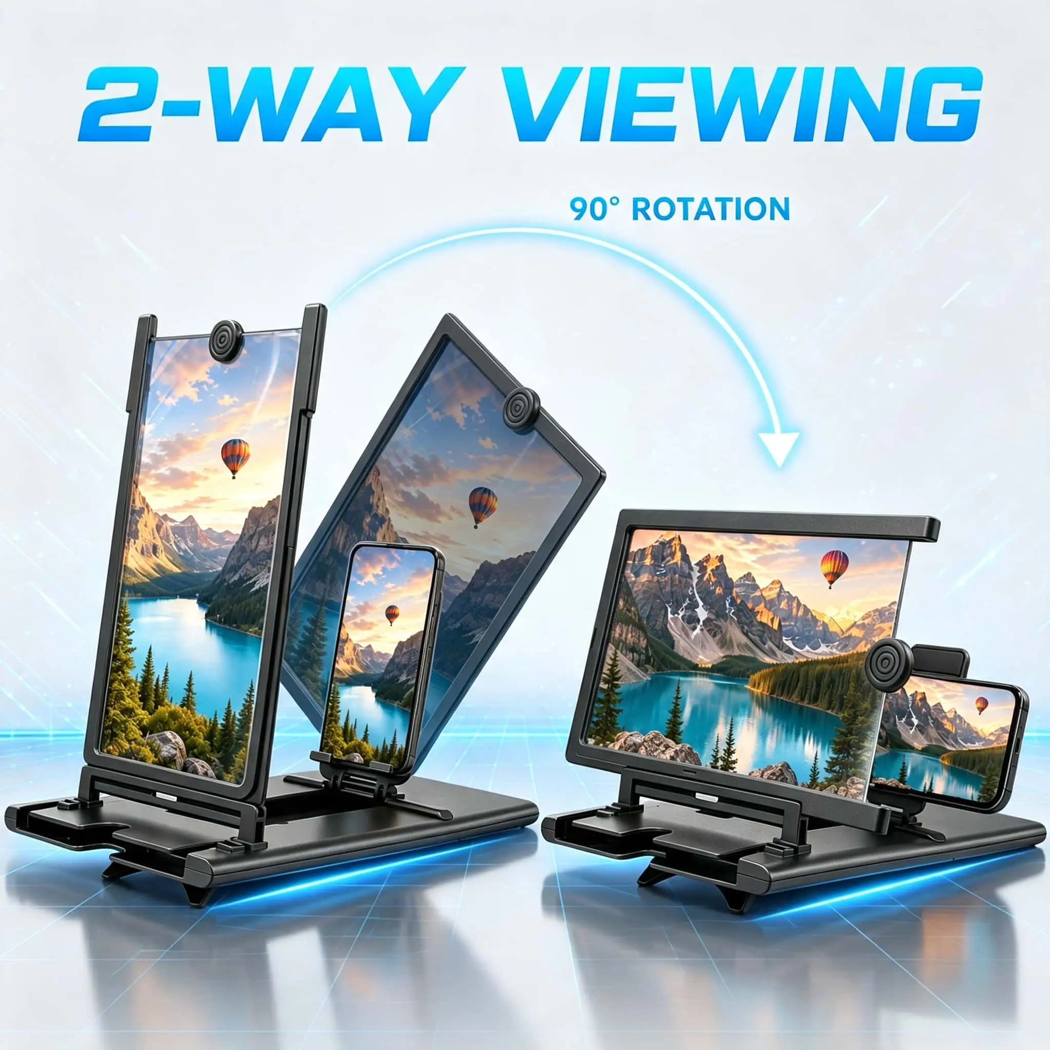 12'' New Adjustable Phone Stand with Secure Holder Mobile Phone Magnifier - Ultra-HD Screen Magnifier for Easy TV Viewing Orientation for Landscapes Use Eye Protection Full-Screen Mobile Phone Magnification With Phone Stand with Anti-Slip Clips-MM