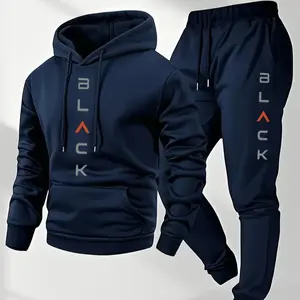 Men's Complete Outfit - Stylish Hooded Sweatshirt & Joggers Set with BLACK Print Gray Casual Streetwear Long Pants Matching Hoodie Perfect for Fall Winter Cozy Clothing Sporty Look Non Stretch Fabric