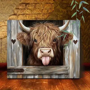 A Wooden Frame Canvas Painting, Highland Cow With Tongue Out, Wall Hanging Mural, Suitable For Bedroom Living Room Home Decoration, Rural Style Farm Animal Canvas Print, Framed Hanging Painting, Cute And Quirky Country Style Decoration Artwork For Gi