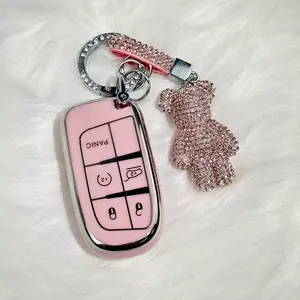 for Jeep Key Fob Cover with Keychain,Soft TPU Key Case Shell Full Protection for Grand Cherokee Renegade Chrysler 200 300 Dodge RAM Durango Challenger Journey Dart Fiat Smart Key