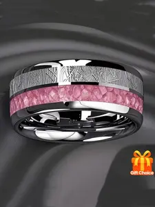 Men's Stainless Steel Ring with Rose Quartz and Meteorite Inlay, Romantic and Elegant Titanium Steel Jewelry Gift for Women, Dainty Stacking Rings