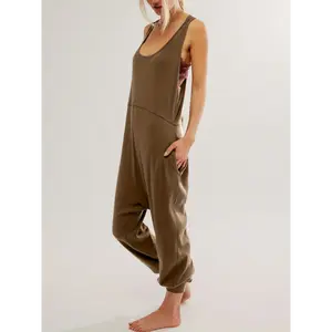 Outdoors Women's Summer Sleeveless Backless Jumpsuit - Loose Harem Jogger Romper with Pockets, Breathable Cotton Elastic Waist Racerback for Casual Vacation Lounge Gym Outfits (Black & Pink), Everyday Outfit| Backless Design| Side Pockets