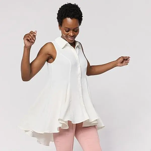Nina Leonard Collared Sleeveless Hi-Low Button-Front Top