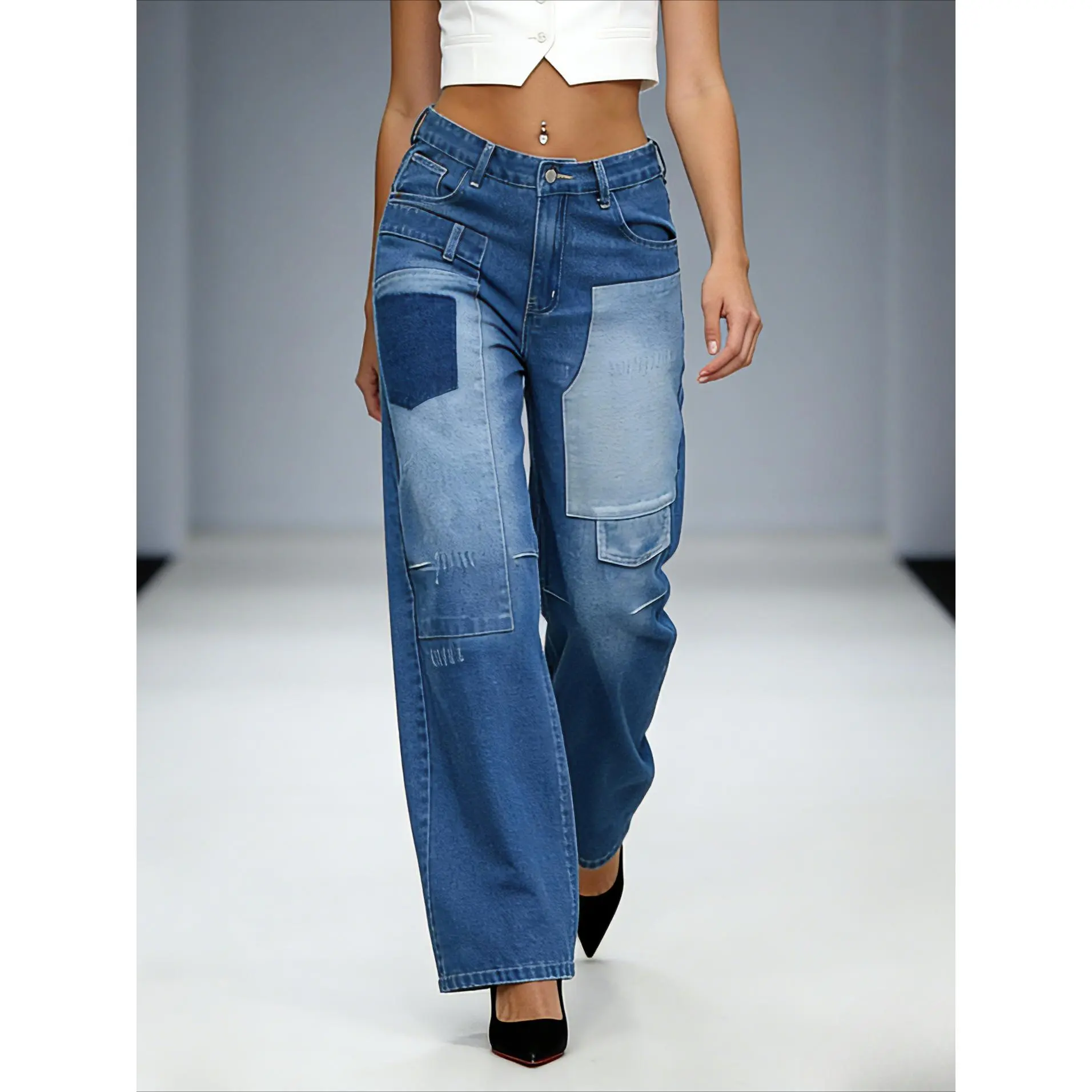 Women's Loose Jeans | Retro Washed + Pocket Patchwork & Cone Fit