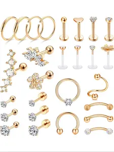 Mixed Style Rhinestone Decor Studs & Hoop Earrings Set, Stainless Steel Helix Piercing Tragus Earrings, Fashion Flat Pierced Jewelry for Women & Men