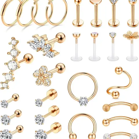 Mixed Style Rhinestone Decor Studs & Hoop Earrings Set, Shining Earrings, Stainless Steel Hoops Helix Piercing Tragus Earrings, Fashion Flat Pierced Jewelry for Women & Men