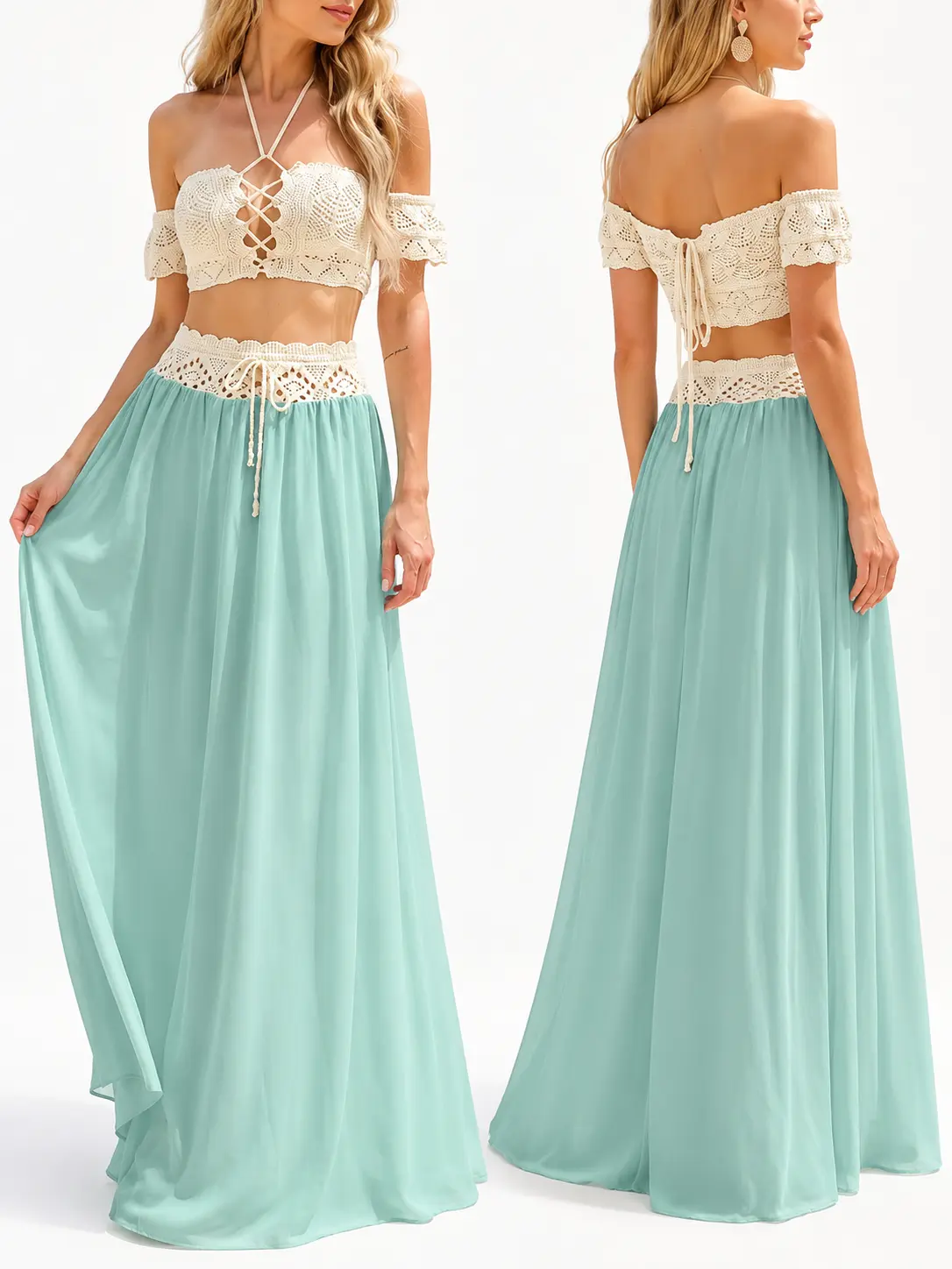 2026 New 2-Piece Reversible Long Chiffon Beach Dress Set, Built-In Liner with Tie Waist Crochet Hollow Cover Up Outfit, Breathable Swim Cover for Poolside, Coastal Vacation & Summer Beachwear