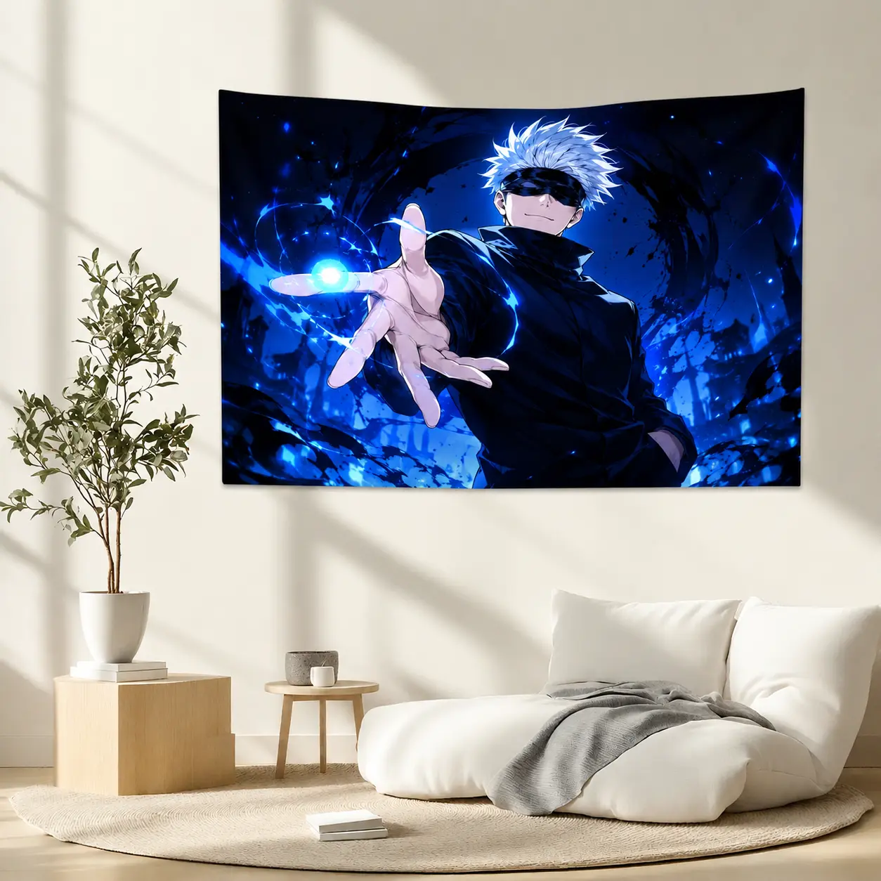 Gojo Anime Wall Tapestry for Bedroom, Blue Energy White Haired Sorcerer Wall Hanging, Japanese Manga Style Gaming Room Dorm Decor, Gift for Anime Fans