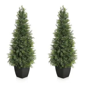 Set Of 2 Artificial Christmas Trees For Porch, Potted Cedar Topiary Trees, Faux Cypress Evergreen Plants, UV Rated Artificial Greenery Set for Home Decor Indoor/Outdoor