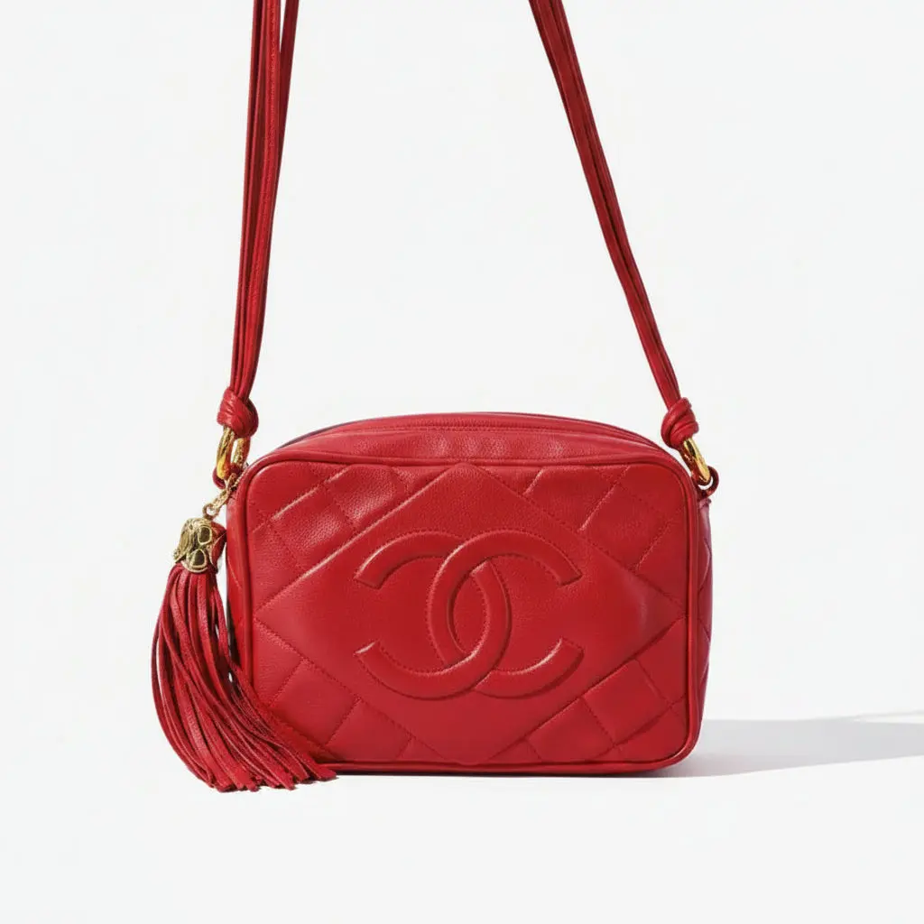 Pre-owned CHANEL Vintage Red Leather Diamond Quilt Camera Bag Fringe Tassel Shoulder Bag