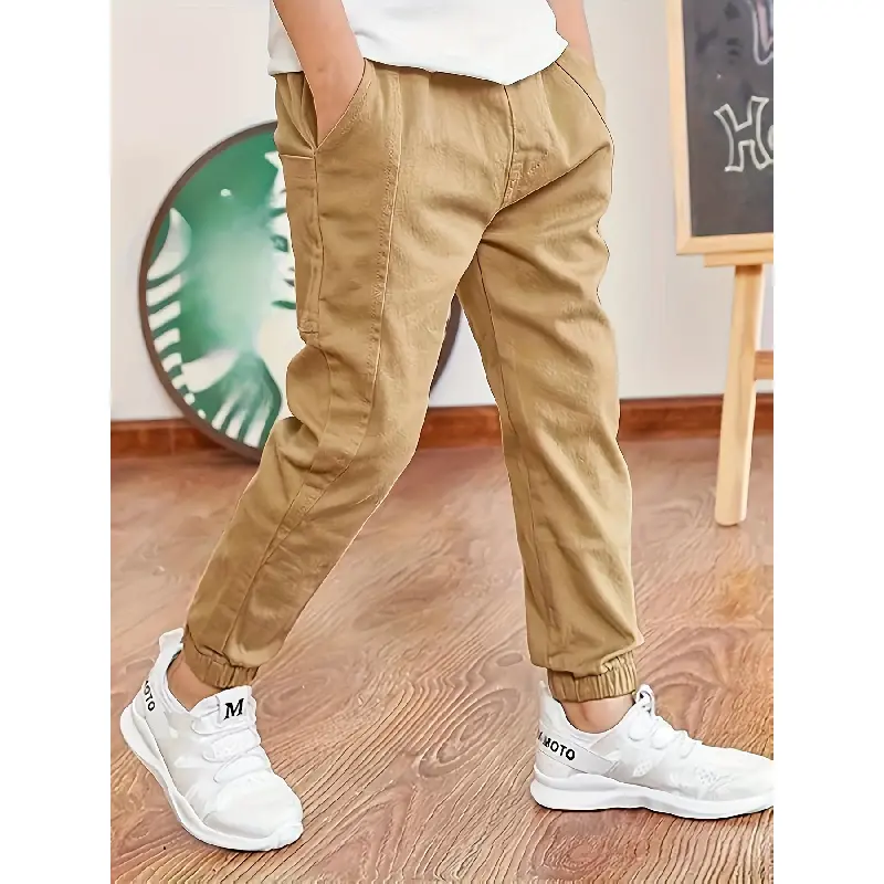 Boys' Solid Color Casual Pants with Pockets, Exquisite Label Design, Comfortable and Simple Style, Elastic Waistband, Machine Washable for Formal and Casual Wear, Suitable for School, Vacation Parties, Travel, Home Activities - Perfect Birthday or