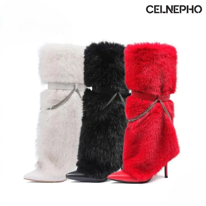 CELNEPHO Faux Fur Boots for Women Stiletto High Heel Knee High Boots Pointed Toe Hidden Zipper Closure Metal Chain Fashion Warm Cozy Party Date Cosplay Outdoor Wear Dress Shoes