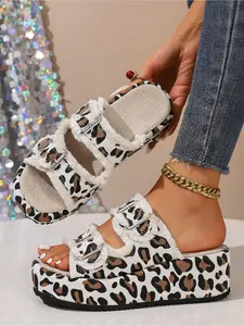 Women's Leopard Print Thick Sole Low Platform Sandals, Open Toe Summer Footwear, Comfortable Slip-On Design, Perfect for Casual Wear