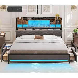 Queen Bed Frame with 4 Drawers and Hidden Storage Headboard,LED Bed Frame with Marshmallow Storage and Charging Station,Light up
