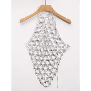Women's rhinestone decorative camisole, fashionable hollowed out backless vest, suitable for parties and vacations, all season women's clothing(Sheet)