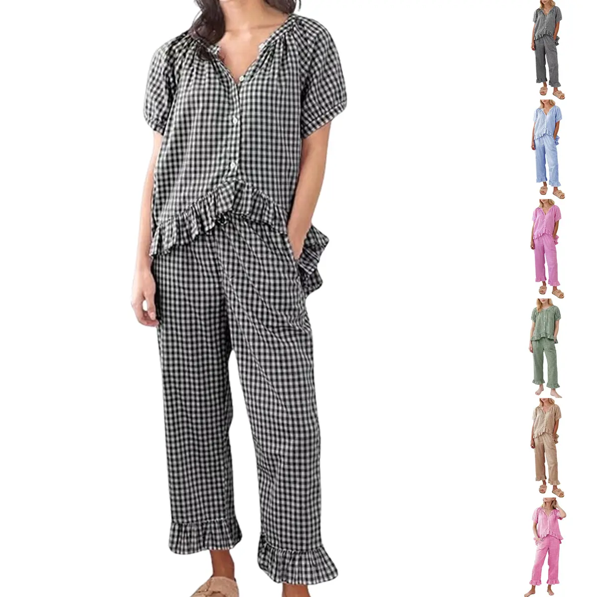 WoodBerry Womens Plaid 2 Piece Pajamas Sets Gingham Button Down Puff Sleeve Babydoll Shirt Ruffle Pants Y2K Pjs Lounge Sleepwear Set Comfort Outfit summerwins Black Pyjamas