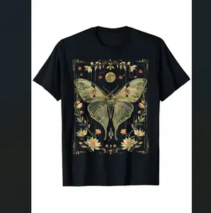 Women's Moon & Moth Witchy Aesthetic Short-Sleeve Cotton Streetwear T-Shirt, Boho Botanical Vibe, Breathable Fabric,summervibes