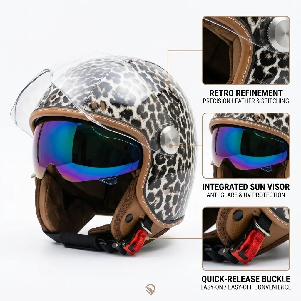QUICKOOL Women's DOT Approved Leopard Print 3/4 Open Face Motorcycle Helmet,  Retro Scooter Protective Gear with Cat Ears, Dual Visor, Quick Release  Buckle, Hard-Shelled Cruiser Half Helmet - TikTok Shop