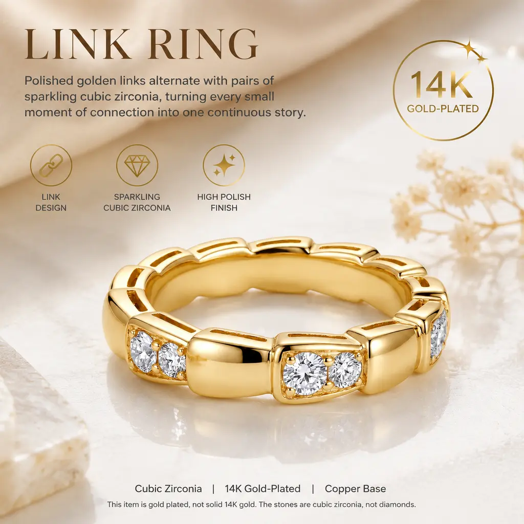 Gildelle 14K Gold-Plated Copper Geometric Link Band Ring with Clear Cubic Zirconia, Double-Stone Segmented Statement Ring for Women, Stackable Everyday Fashion Jewelry