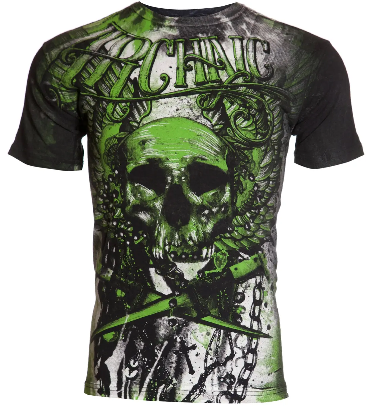 Archaic By Affliction Men's Round Neck Cotton Streetwear Tee - Black Mineral Wash Short-Sleeve Casual T-Shirt with Skull Print, Cadaverous Design