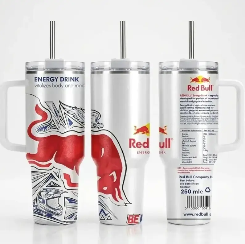 [Energy Drink Collection] Red's Bull's 40oz Tumbler with Handle & Straw, Stainless Steel Double Wall Vacuum Insulated Travel Mug, Keeps Drinks Hot & Cold, Reusable Coffee Cup, Gift for Energy Drink Fans