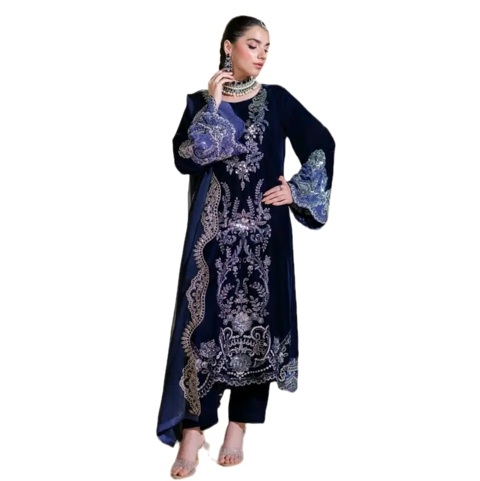 Heera's three piece Velvet Pakistani suit with Embroidered Chiffon Dupatta for winters