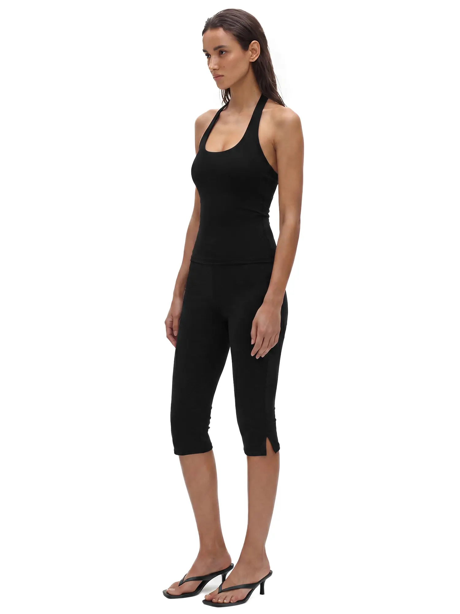FDR Yoga Tank and Cropped Leggings Set Women's U Neck Backless Halter Top High Waist Compression Capri Pants Workout Outfit