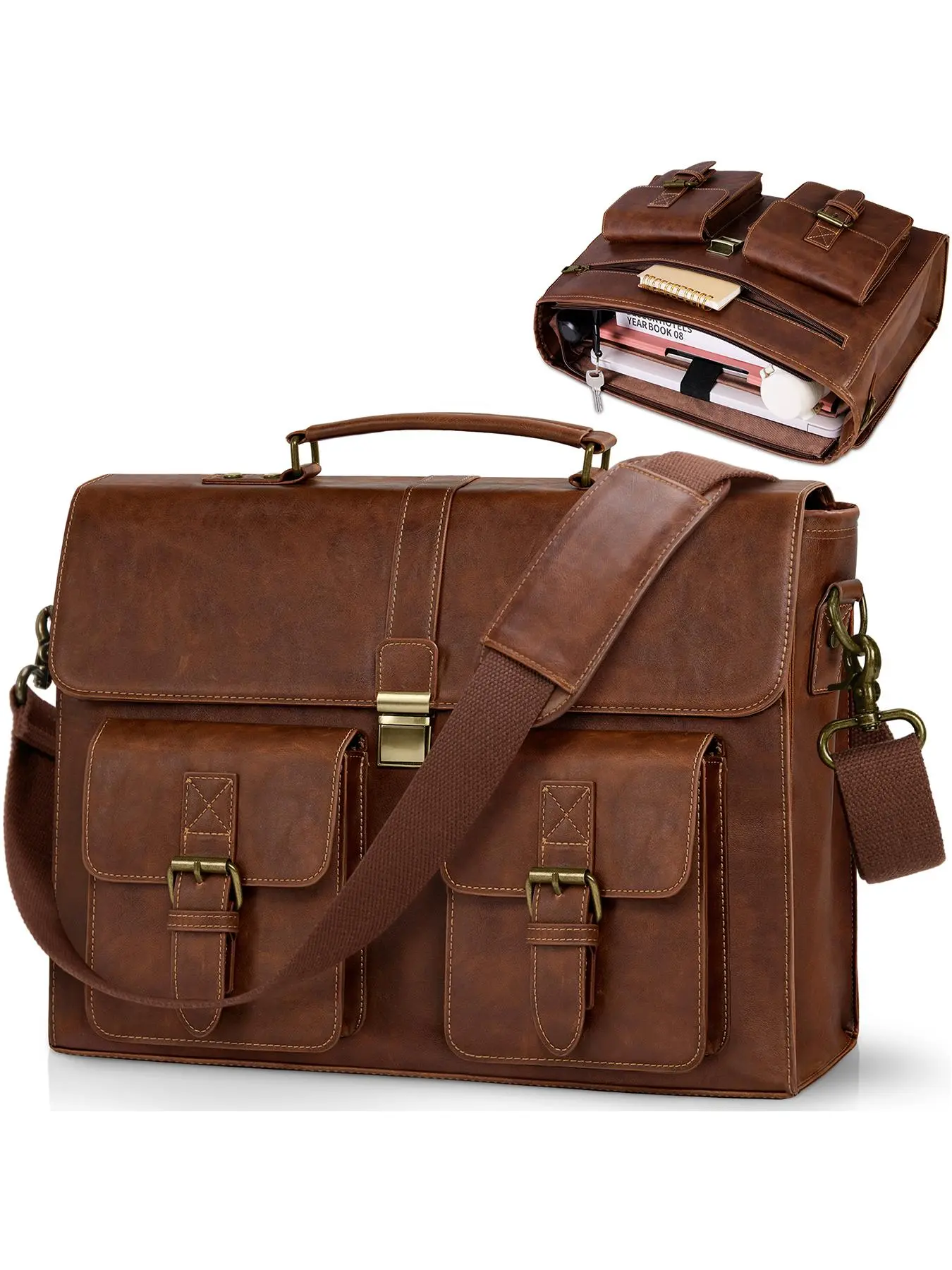 Men's Business Vintage PU Leather Briefcase, Large Capacity Shoulder Bag for Office Work Travel College, Waterproof Computer Laptop Bag, Leather Satchel Bag, Travel Essentials