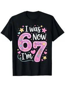 7th Birthday T-Shirt - "I Was 6 Now I'm 7" Funny Birthday Party Outfit with Number 67 & Heart Balloons - Soft Breathable Tee for Boys & Girls - Loose Fit Birthday Party