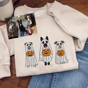 Custom Halloween Dog Sweatshirt, Personalized Pet Portrait Embroidery, Ghost Dog Embroidered Fall Sweater, Trick-or-Treat Pet Lover Gift