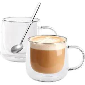 Double Wall Insulated 10oz Latte Glasses with Handle Set of 2 Clear Glass Mugs for Cappuccino Espresso Tea Hot Drinks