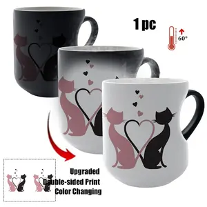 Unique Heart-Shaped Handle 11 Oz/330ML Color-Changing Ceramic Travel Coffee Mug, Ideal Gift for Lovers & Cat Enthusiasts, Perfect for Coffee Days