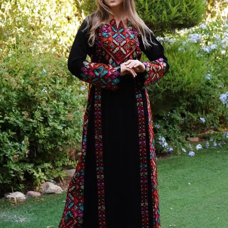Palestinian Embroidery Thobe Dress Heritage Custom Dress Abaya with Colorful Traditional Patterns