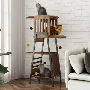 Modern Cat Tree, 58-Inch Cat Tower for Large Cats, Maine Coon Cat Tree with Scratching Board, Large Perch, Hammock and Removable Pads, Rustic Brown