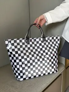 Women's New Large Capacity Checkered Letter Design Handbag, Practical Casual Tote Bag for Work and Daily Use, Stylish and Functional, Casual Trendy Bag