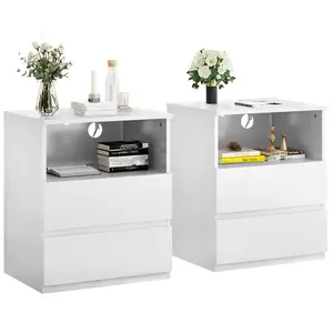 (Set of 2)End Table with Fast USB C Charging Station, Sofa Side Table with 2 Drawers, Large Storage Modern Wood Storage Cabinet for Living Room, Bedroom, Office, White