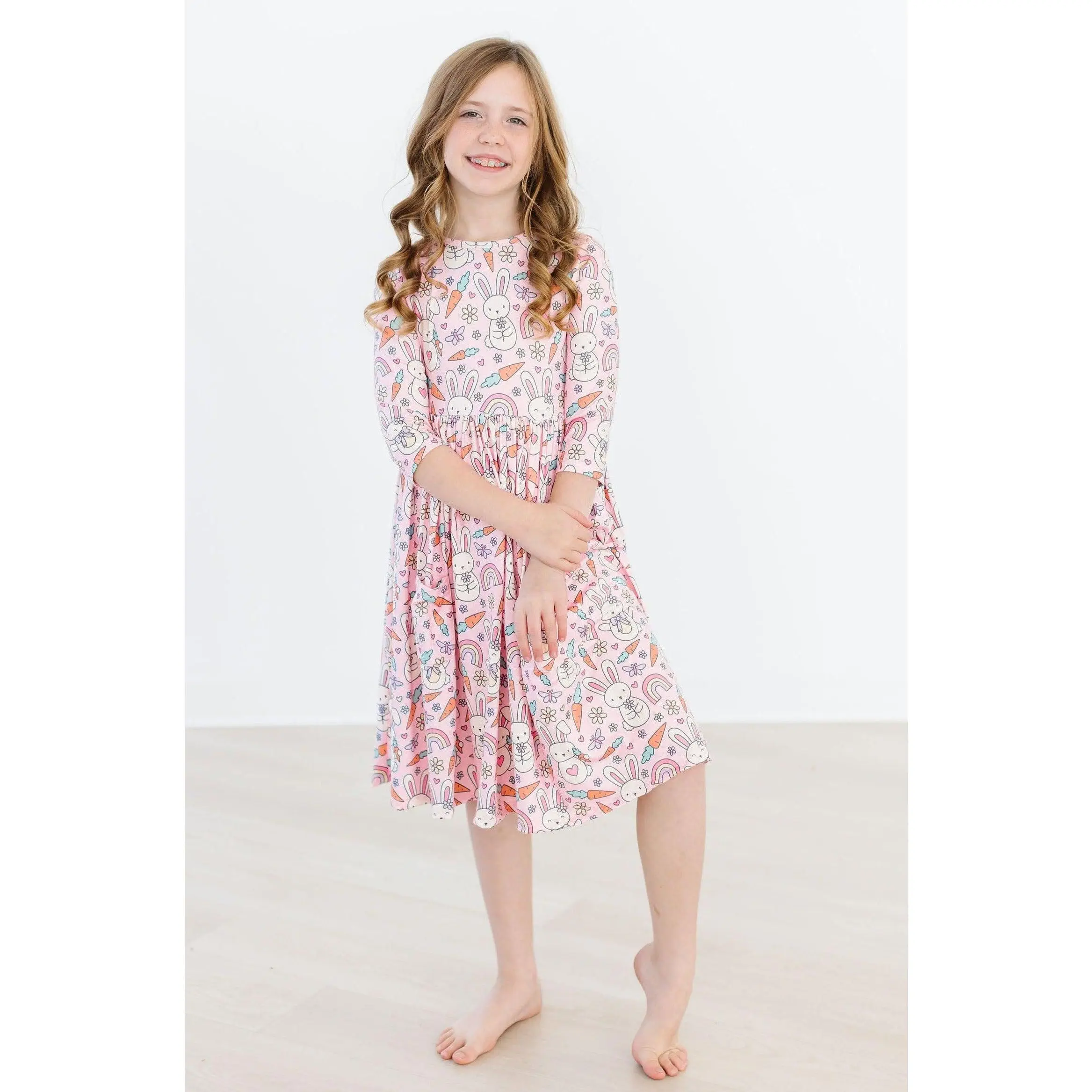 Springtime Bunnies 3/4 Sleeve Pocket Twirl Dress