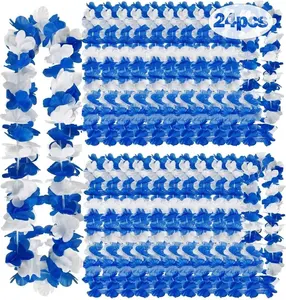 24 Pack Hawaiian Leis Bulk, Blue White Graduation Leis 41in Tropical Luau Party Flower Necklace, Gender Reveal Floral Garland, Beach Bachelorette Wedding Summer Pool Party Cruise Trip Decorations