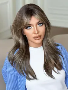 22 Inch Honey Wavy Women's Layer Cut Wig with Bangs, Elegant Layered Synthetic Heat Resistant Hair for Daily Wear and Special Occasions, Synthetic Material Wigs