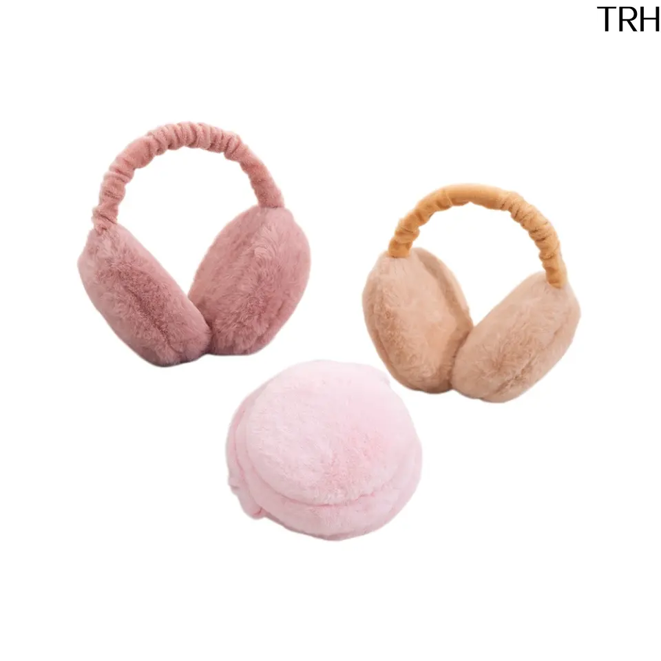 Foldable Hamburger Style Plush Winter Ear Muffs, Soft Faux Fur Warm Ear Covers with Stretchy Headband, Portable Compact Cold Weather Ear Warmers for Women Men Outdoor Commute School