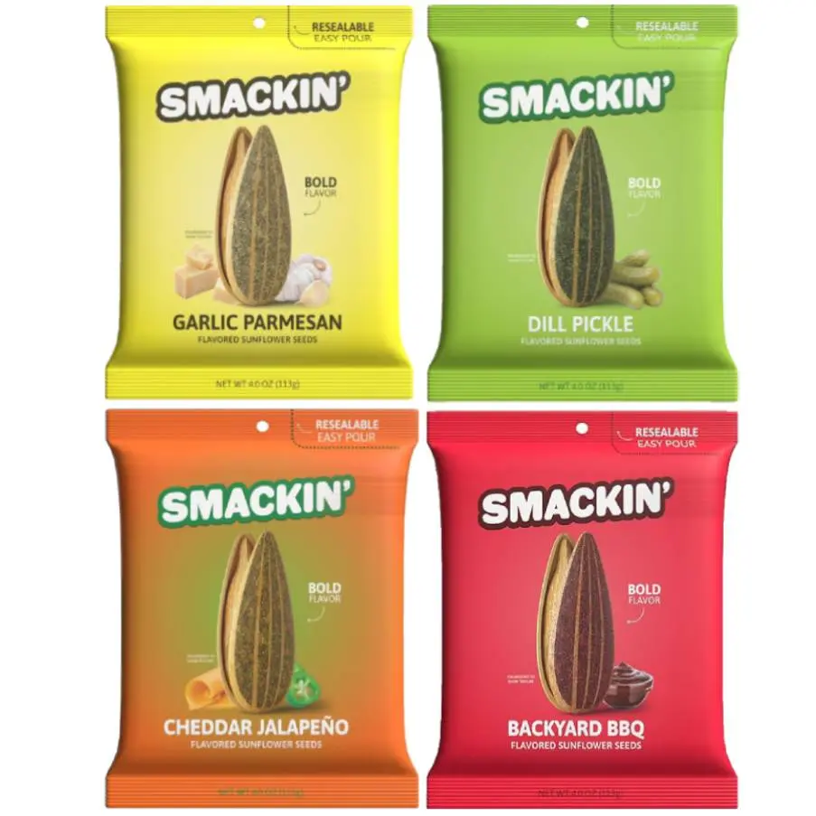 SMACKIN' Jumbo Roasted Sunflower Seeds 4 Pack - Garlic Parmesan, Dill Pickle, Backyard BBQ & Cheddar Jalapeño Flavors - 1lb Box of Low Sodium Handcrafted American Made Seeds