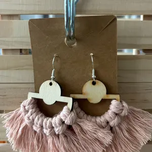 Macrame Tassel Medallion Wood Earrings