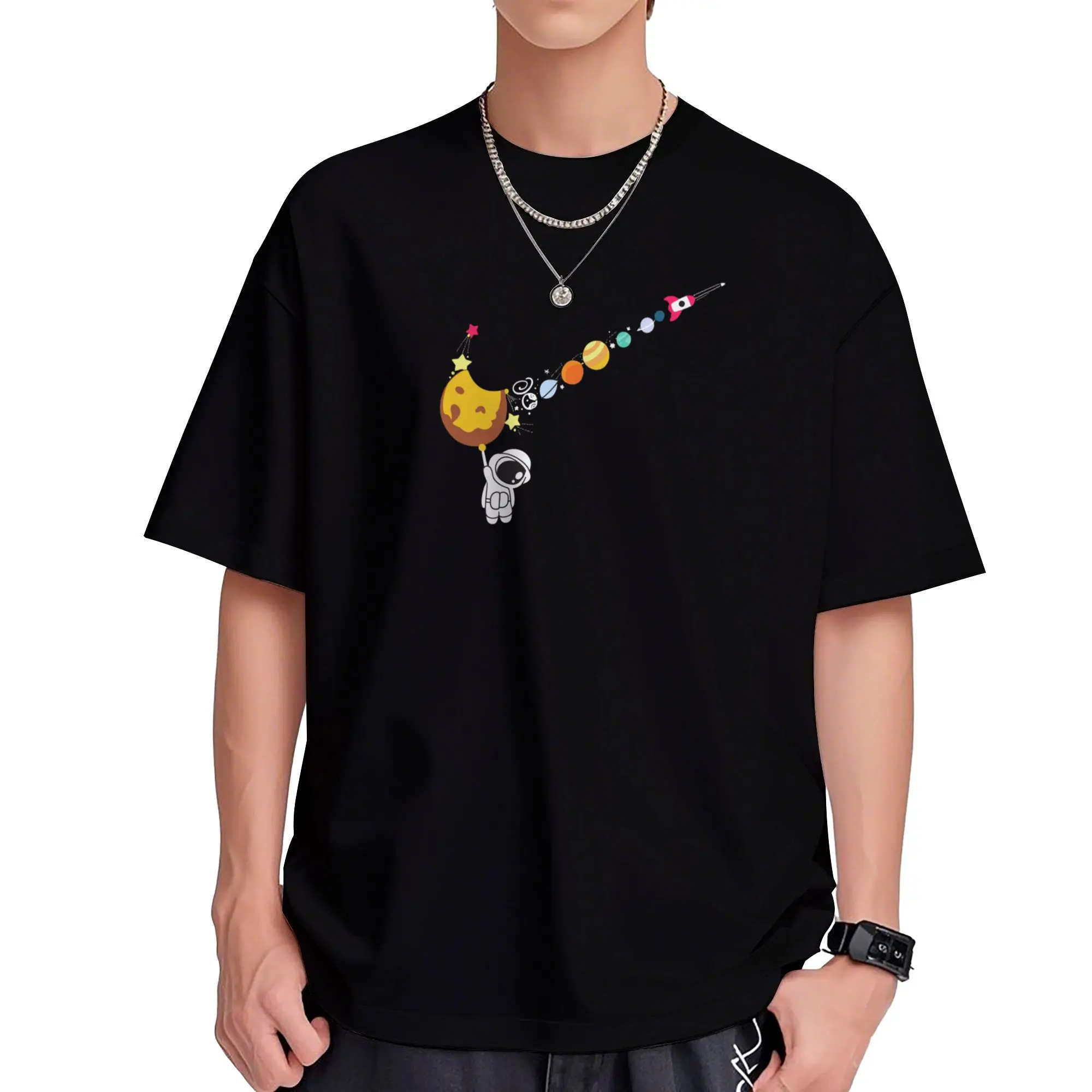 Men's fashion cotton graphic T-shirt featuring space planet elements, breathable and comfortable, machine washable, unisex design, perfect for summer casual wear.