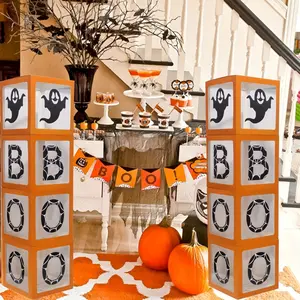 Halloween Party Decoration Kit, 12 Piece Set - 4 Orange Transparent Boxes, 2 Black Ghost Figures, 6 "BOO" Letters, Versatile Paper and PVC Decor for Halloween Celebrations, Baby Showers, and Birthday Parties - No Electricity Needed