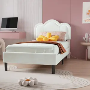 【GARVEE】Twin Upholstered Bed Frame with Adjustable Bear Headboard, Smart LED Lighting, Velvet Princess Platform, Wooden Slats Support, No Box Spring Needed, Beige